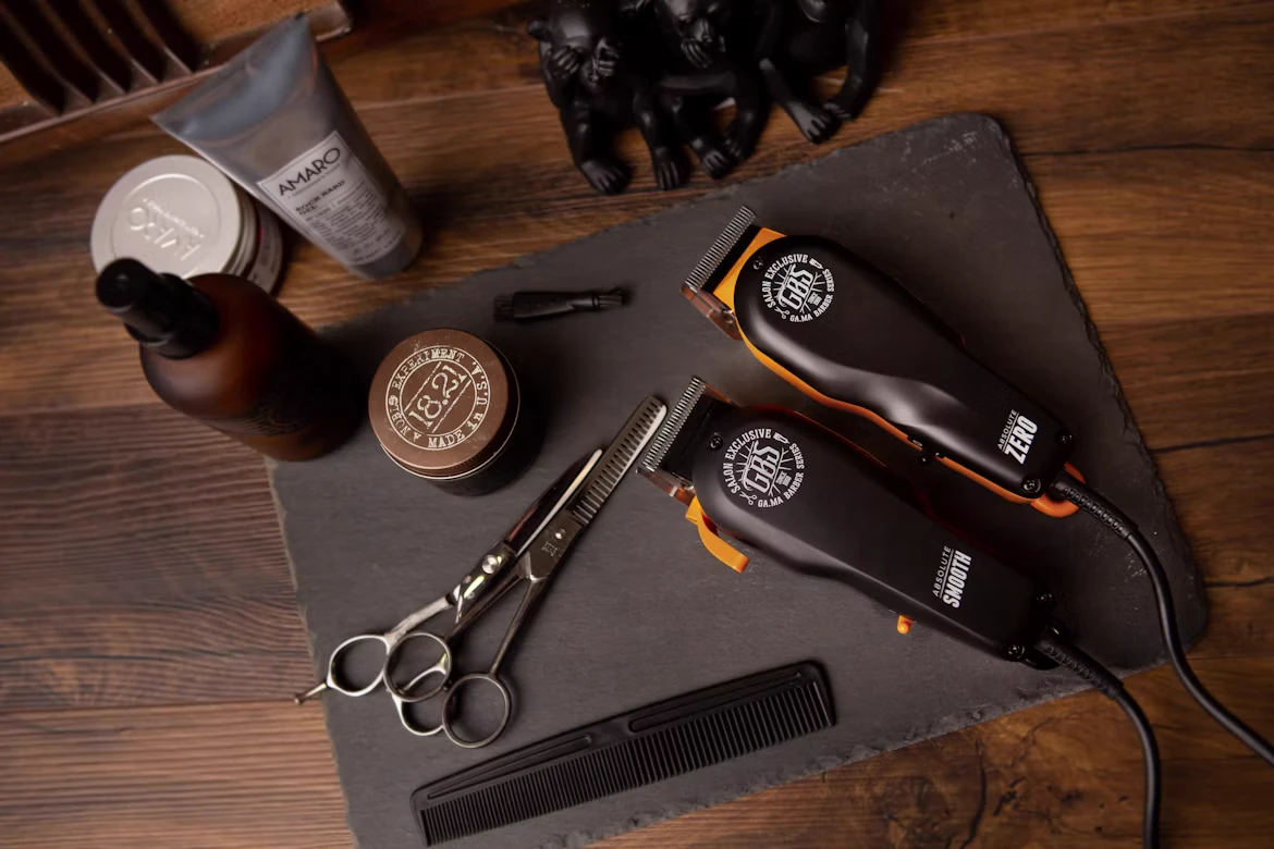 Clippers and tools lined up at the station in A-Z Barbers
